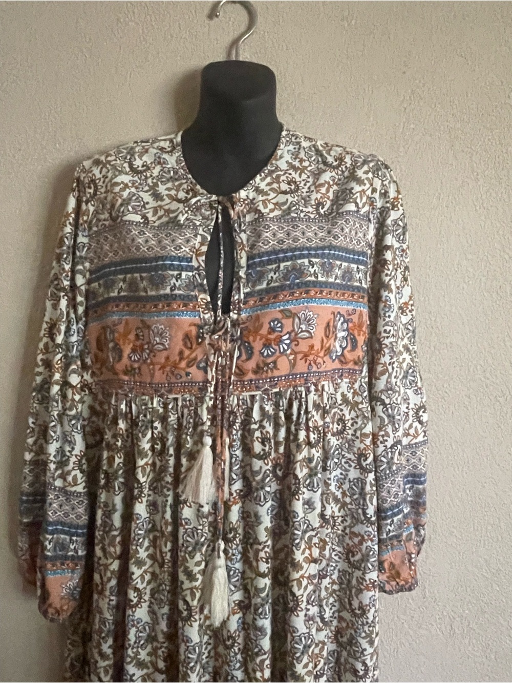Boho Midi Dress with Tassel Tie - Cream & Brown Floral